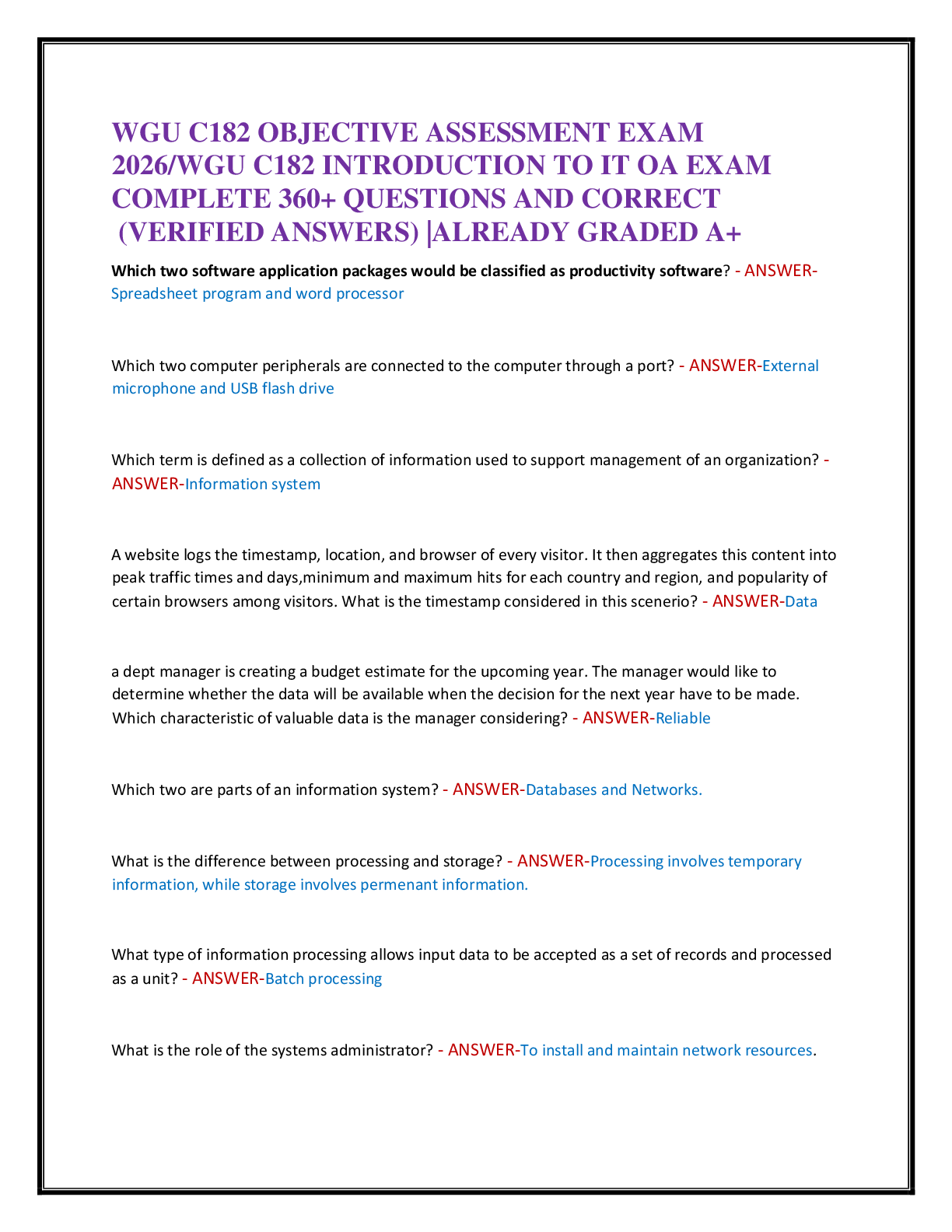 Recommended document preview for WGU C182 OBJECTIVE ASSESSMENT EXAM  2026/WGU C182 INTRODUCTION TO IT OA EXAM   COMPLETE 360+ QUESTIONS AND CORRECT   (VERIFIED ANSWERS) |ALREADY GRADED A+