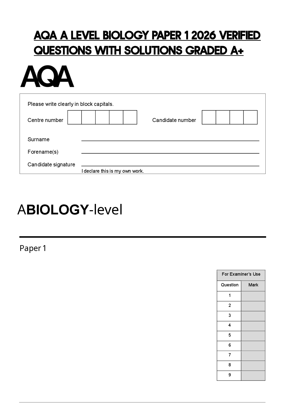 Recommended document preview for AQA A LEVEL BIOLOGY PAPER 1 2026 VERIFIED QUESTIONS WITH SOLUTIONS GRADED A+