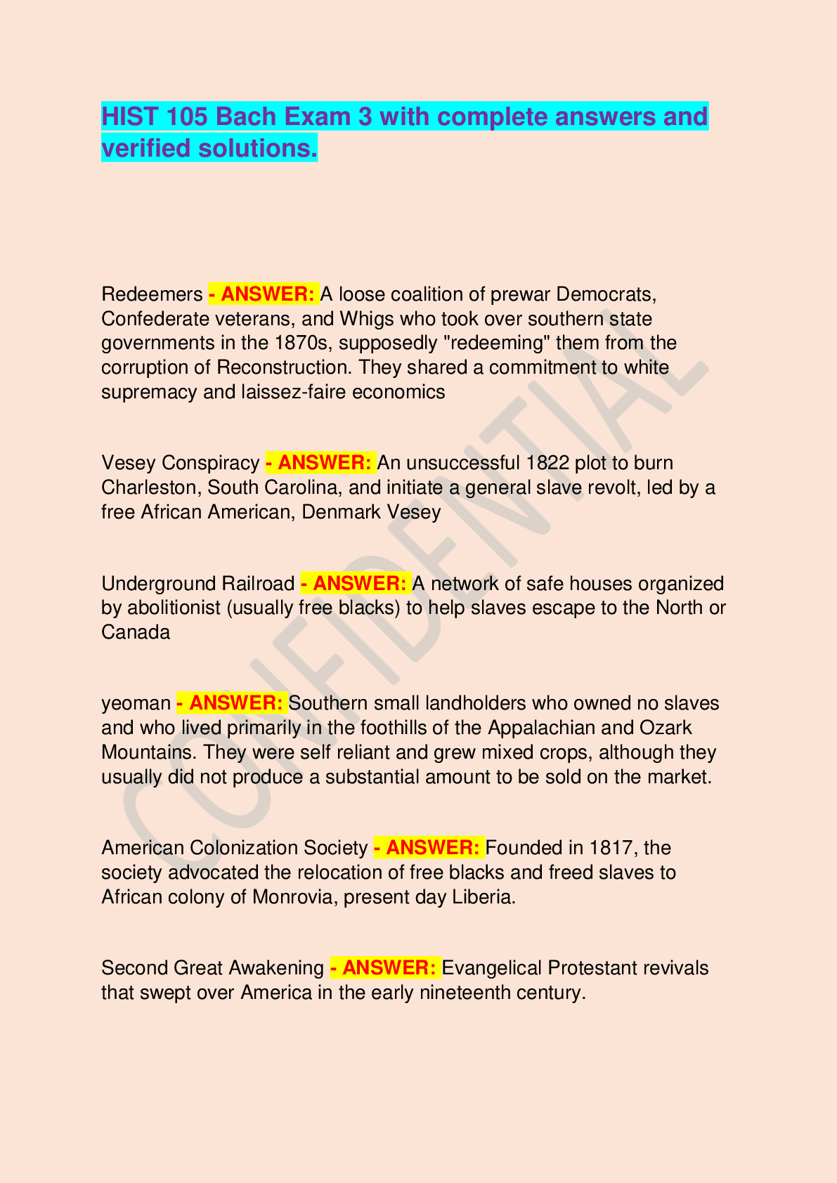 Recommended document preview for HIST 105 Bach Exam 3 with complete answers and verified solutions.