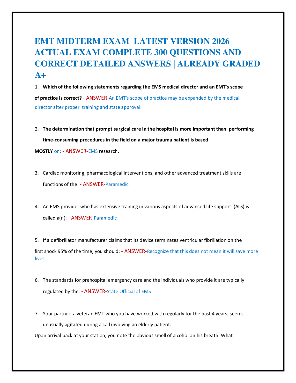 EMT MIDTERM EXAM  LATEST VERSION 2026   ACTUAL EXAM COMPLETE 300 QUESTIONS AND   CORRECT DETAILED ANSWERS | ALREADY GRADED  A+