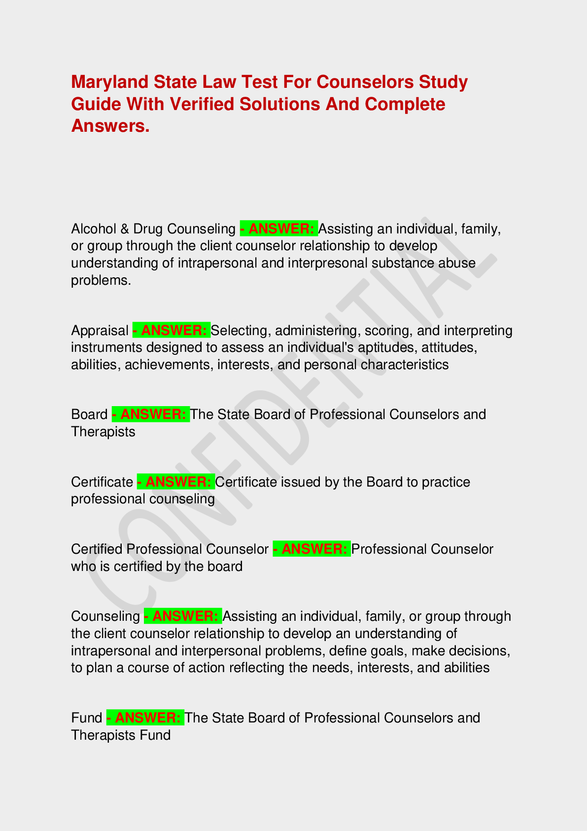 Recommended document preview for Maryland State Law Test For Counselors Study Guide With Verified Solutions And Complete Answers.