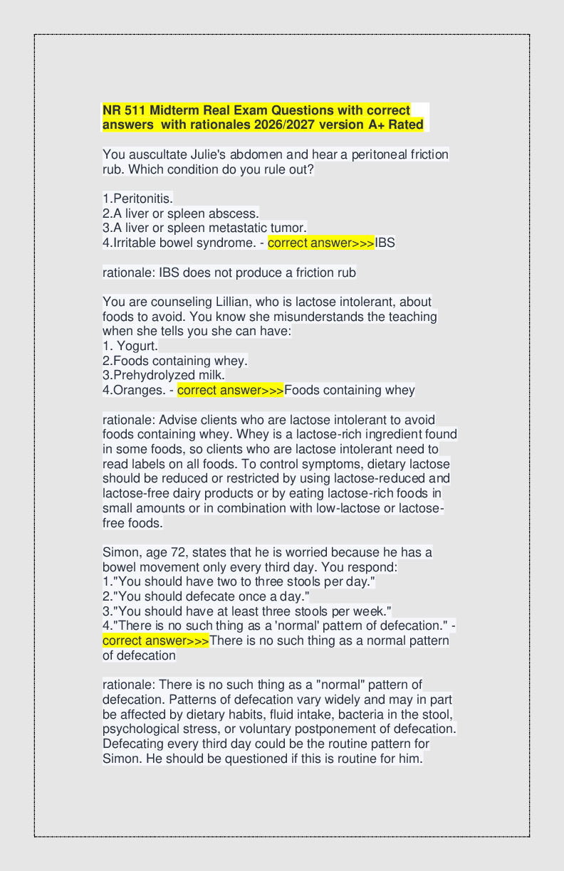 Recommended document preview for NR 511 Midterm Real Exam Questions with correct answers with rationales 2026/2027 version A+ Rated