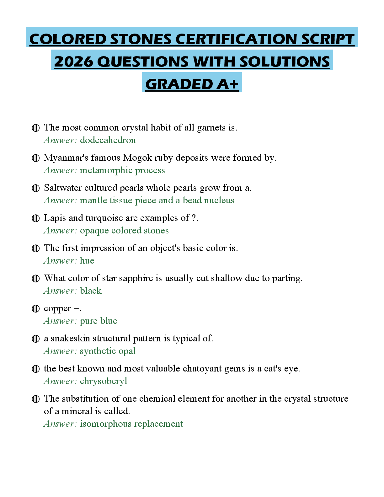 Preview of COLORED STONES CERTIFICATION SCRIPT 2026 QUESTIONS WITH SOLUTIONS GRADED A+