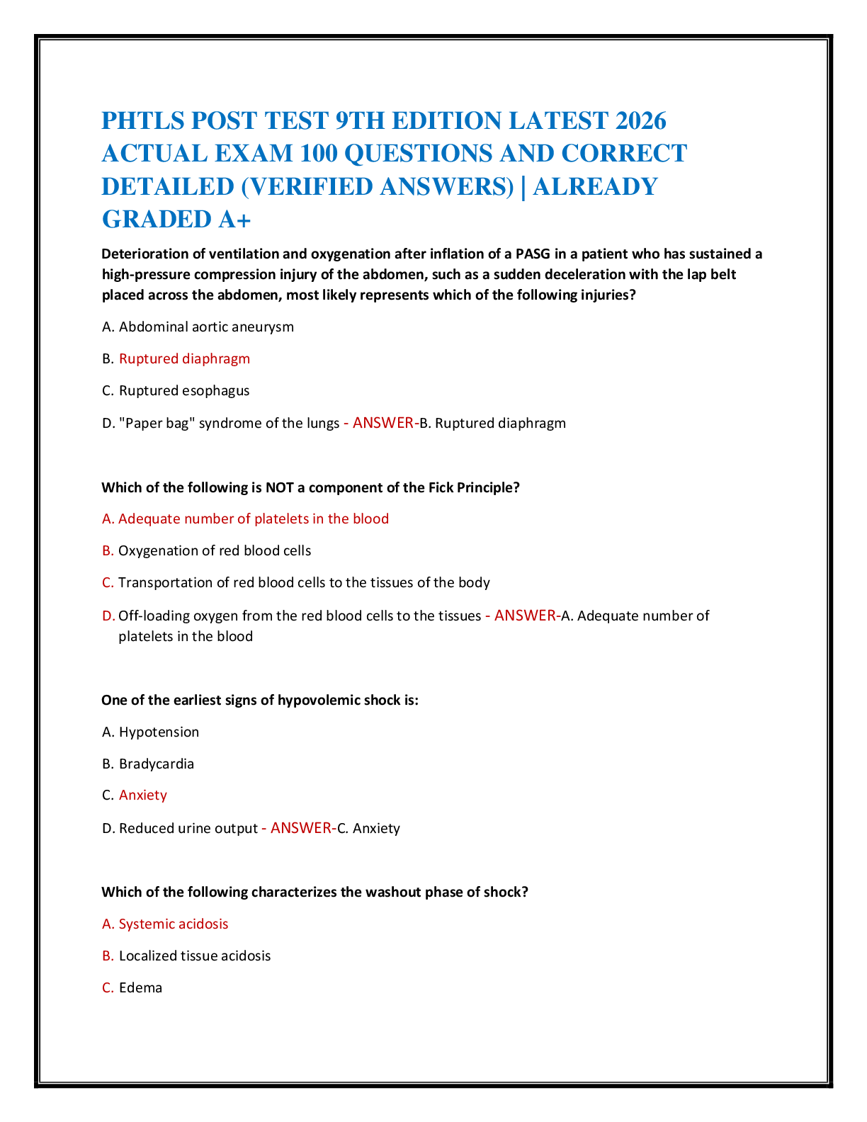 Recommended document preview for PHTLS POST TEST 9TH EDITION LATEST 2026   ACTUAL EXAM 100 QUESTIONS AND CORRECT   DETAILED (VERIFIED ANSWERS) | ALREADY  GRADED A+