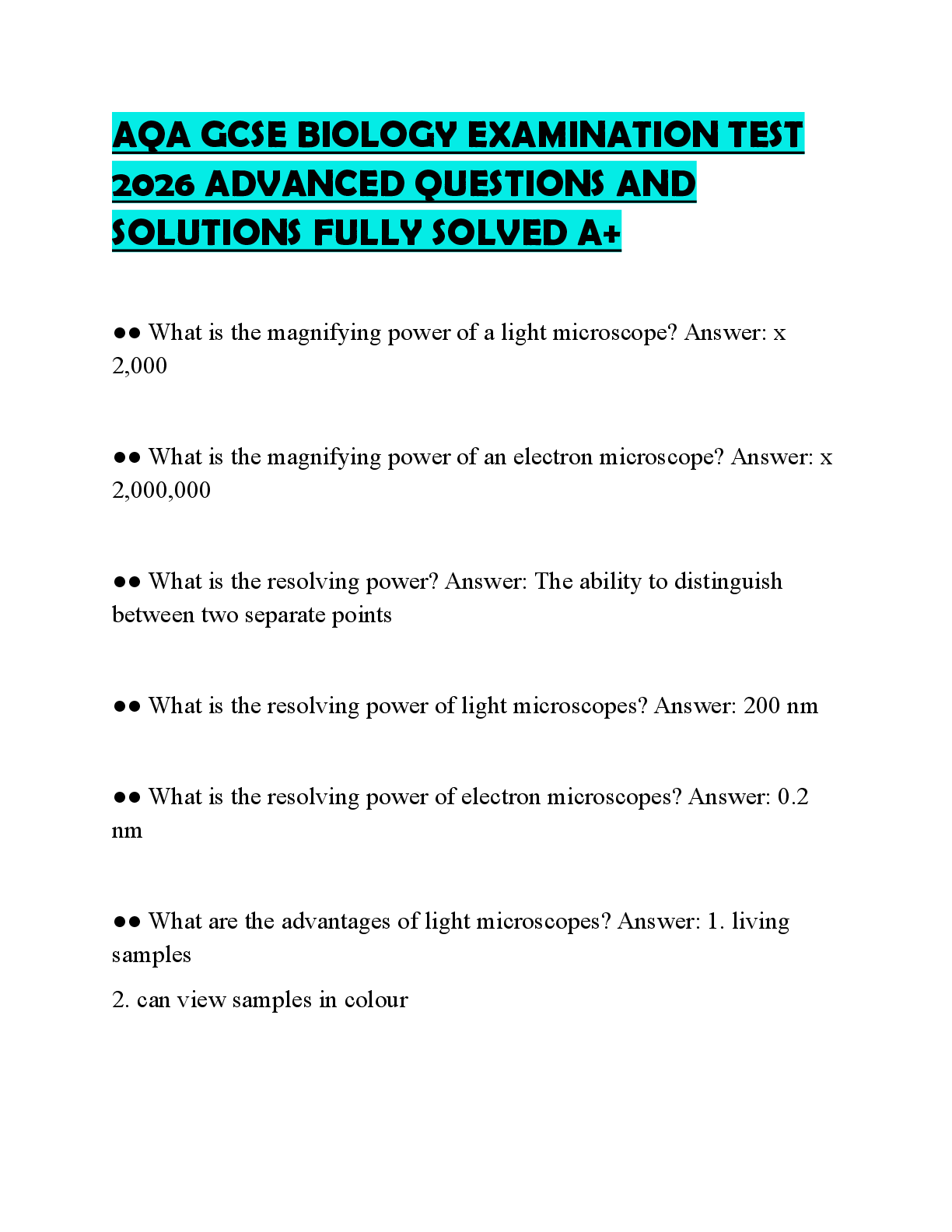 Recommended document preview for AQA GCSE BIOLOGY EXAMINATION TEST 2026 ADVANCED QUESTIONS AND SOLUTIONS FULLY SOLVED A+