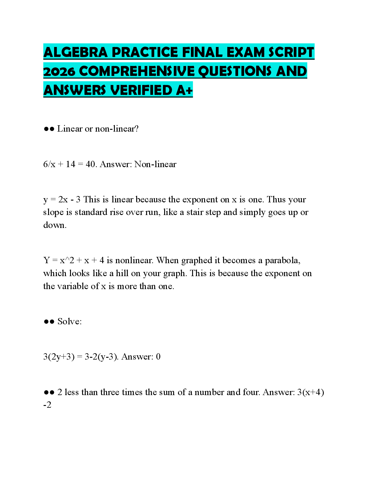 Recommended document preview for ALGEBRA PRACTICE FINAL EXAM SCRIPT 2026 COMPREHENSIVE QUESTIONS AND ANSWERS VERIFIED A+