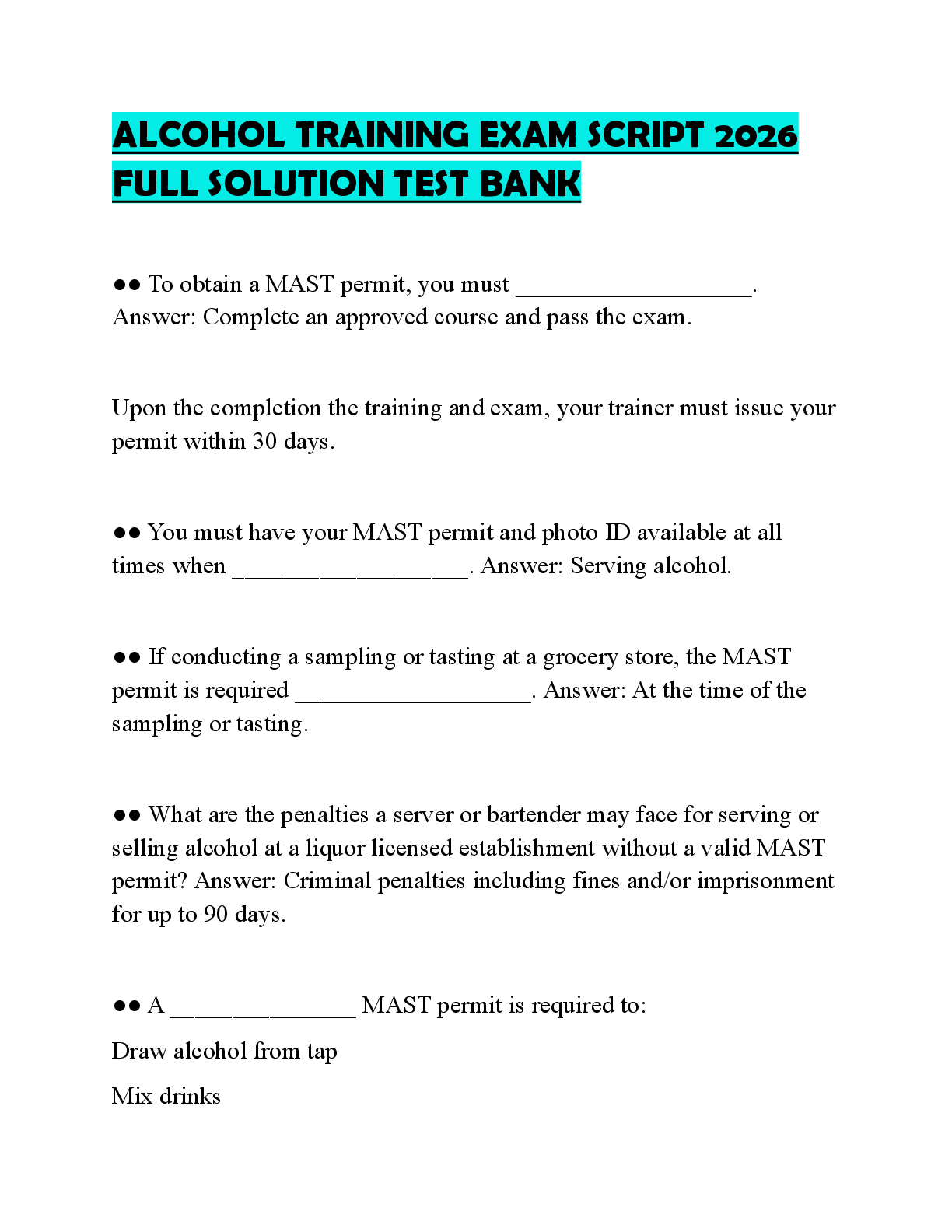 Preview of ALCOHOL TRAINING EXAM SCRIPT 2026 FULL SOLUTION TEST BANK
