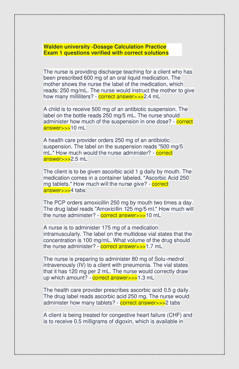 Preview of Dosage Calculation Practice Exam 1 questions verified with correct solutions