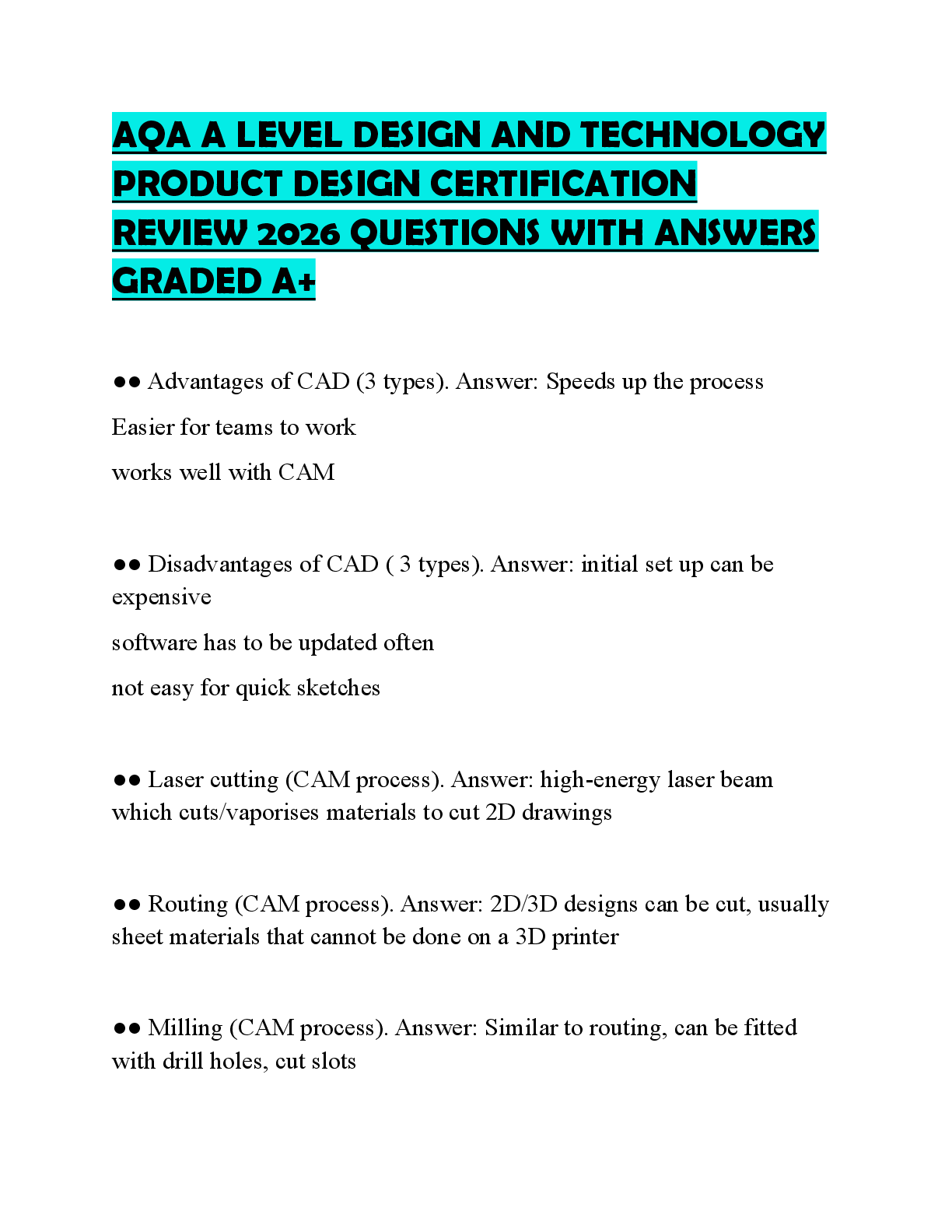 Recommended document preview for AQA A LEVEL DESIGN AND TECHNOLOGY PRODUCT DESIGN CERTIFICATION REVIEW 2026 QUESTIONS WITH ANSWERS GRADED A+