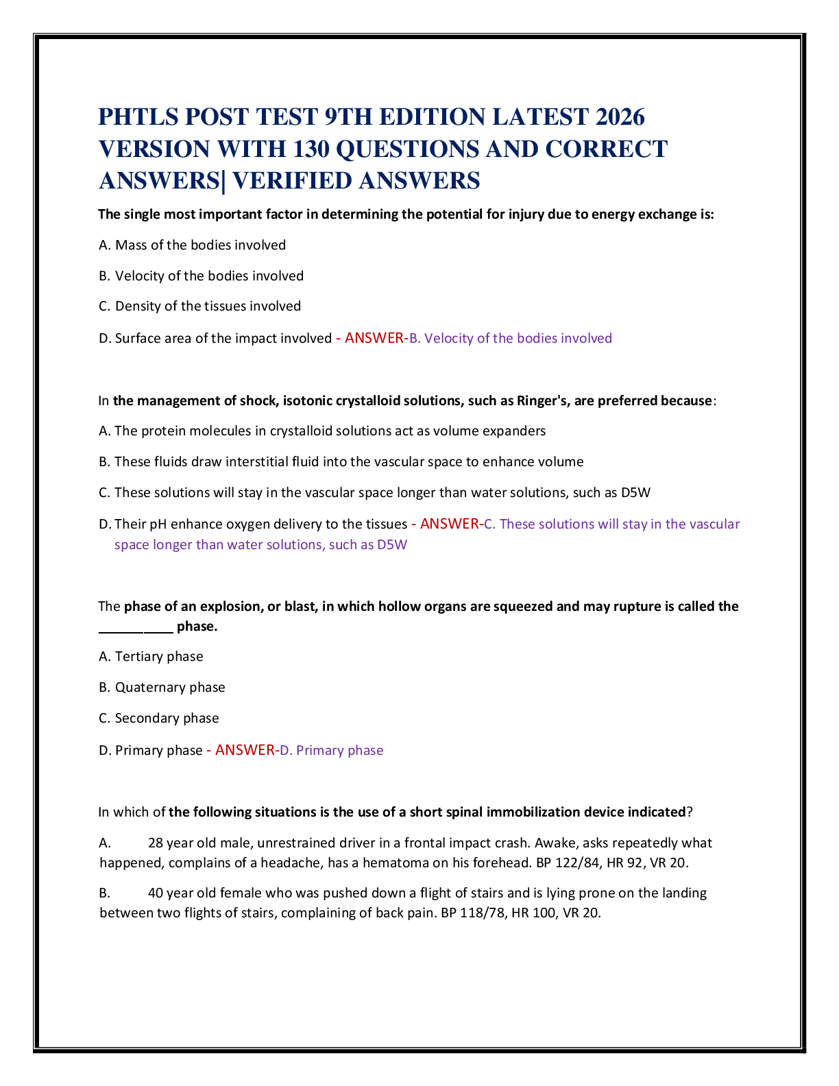 Recommended document preview for PHTLS POST TEST 9TH EDITION LATEST 2026   VERSION WITH 130 QUESTIONS AND CORRECT  ANSWERS| VERIFIED ANSWERS