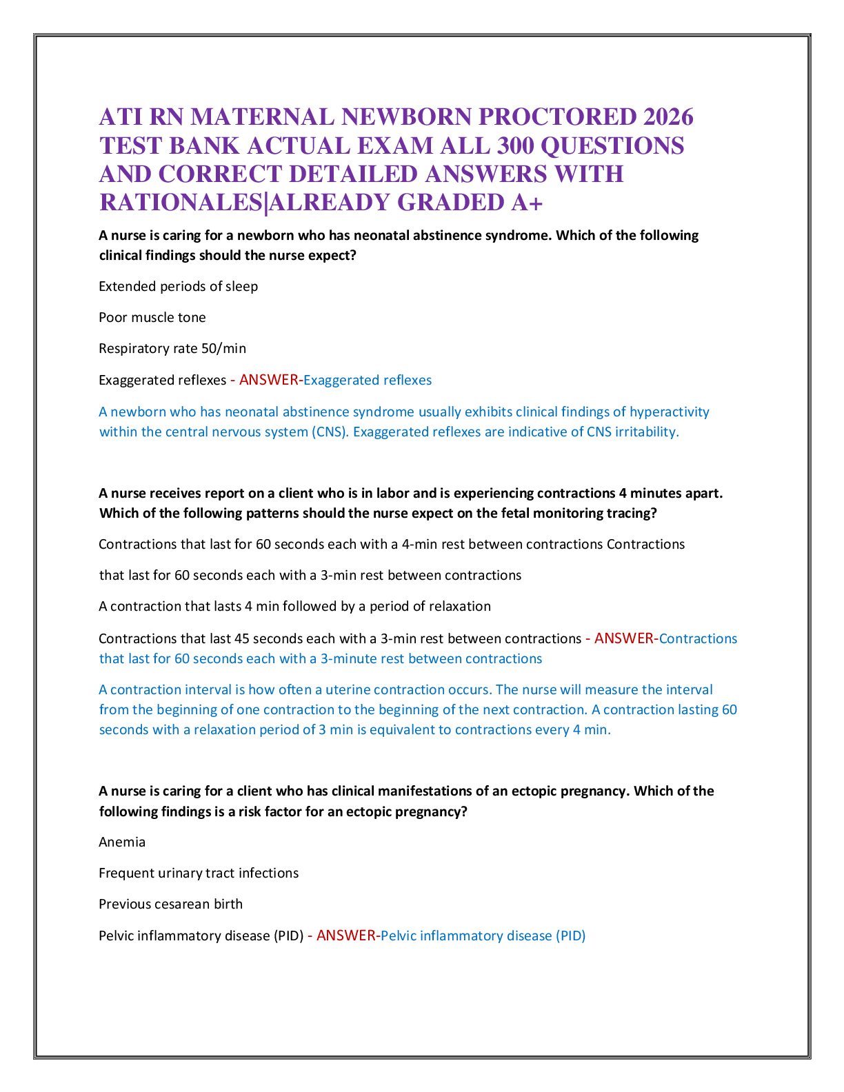 Recommended document preview for ATI RN MATERNAL NEWBORN PROCTORED 2026  TEST BANK ACTUAL EXAM ALL 300 QUESTIONS   AND CORRECT DETAILED ANSWERS WITH  RATIONALES|ALREADY GRADED A+