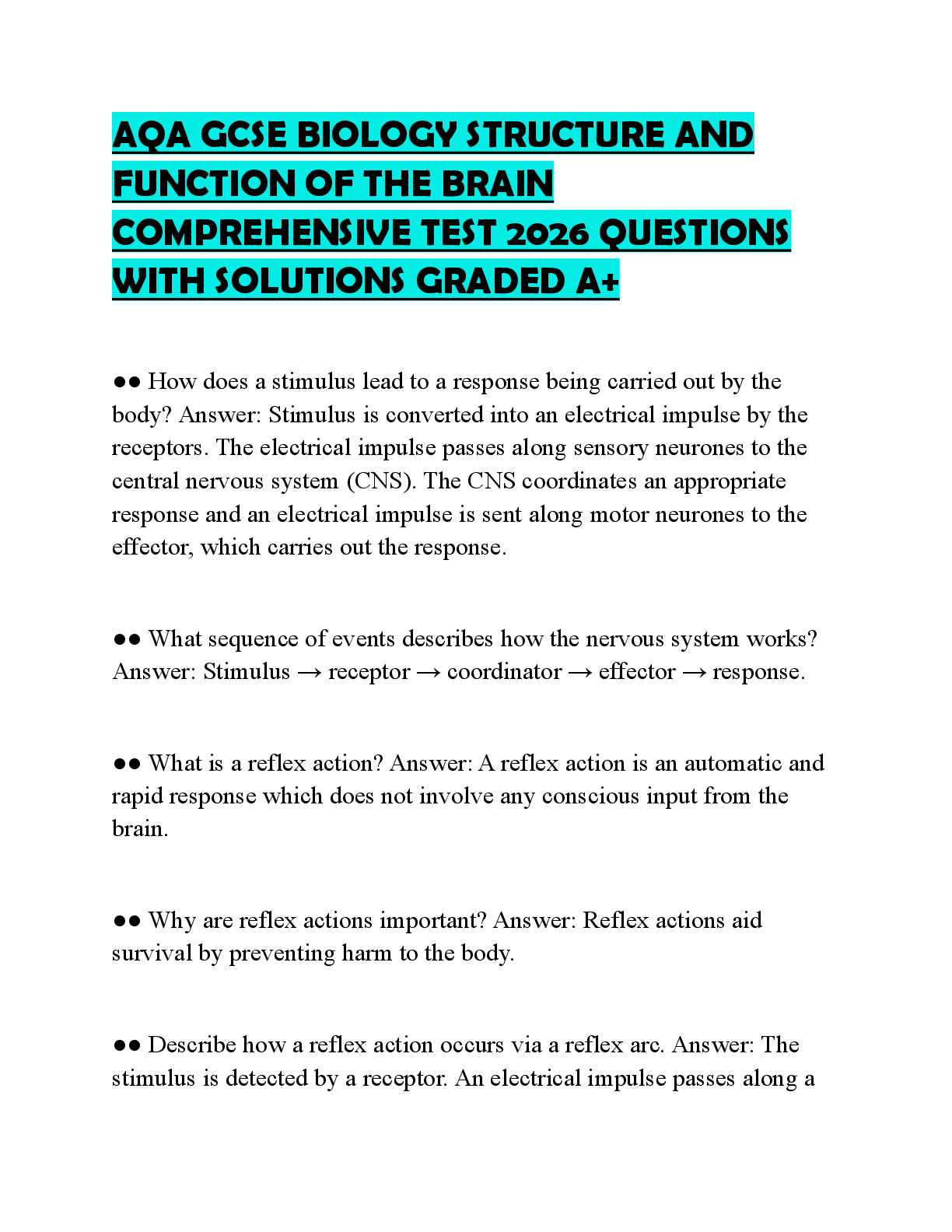 Recommended document preview for AQA GCSE BIOLOGY STRUCTURE AND FUNCTION OF THE BRAIN COMPREHENSIVE TEST 2026 QUESTIONS WITH SOLUTIONS GRADED A+