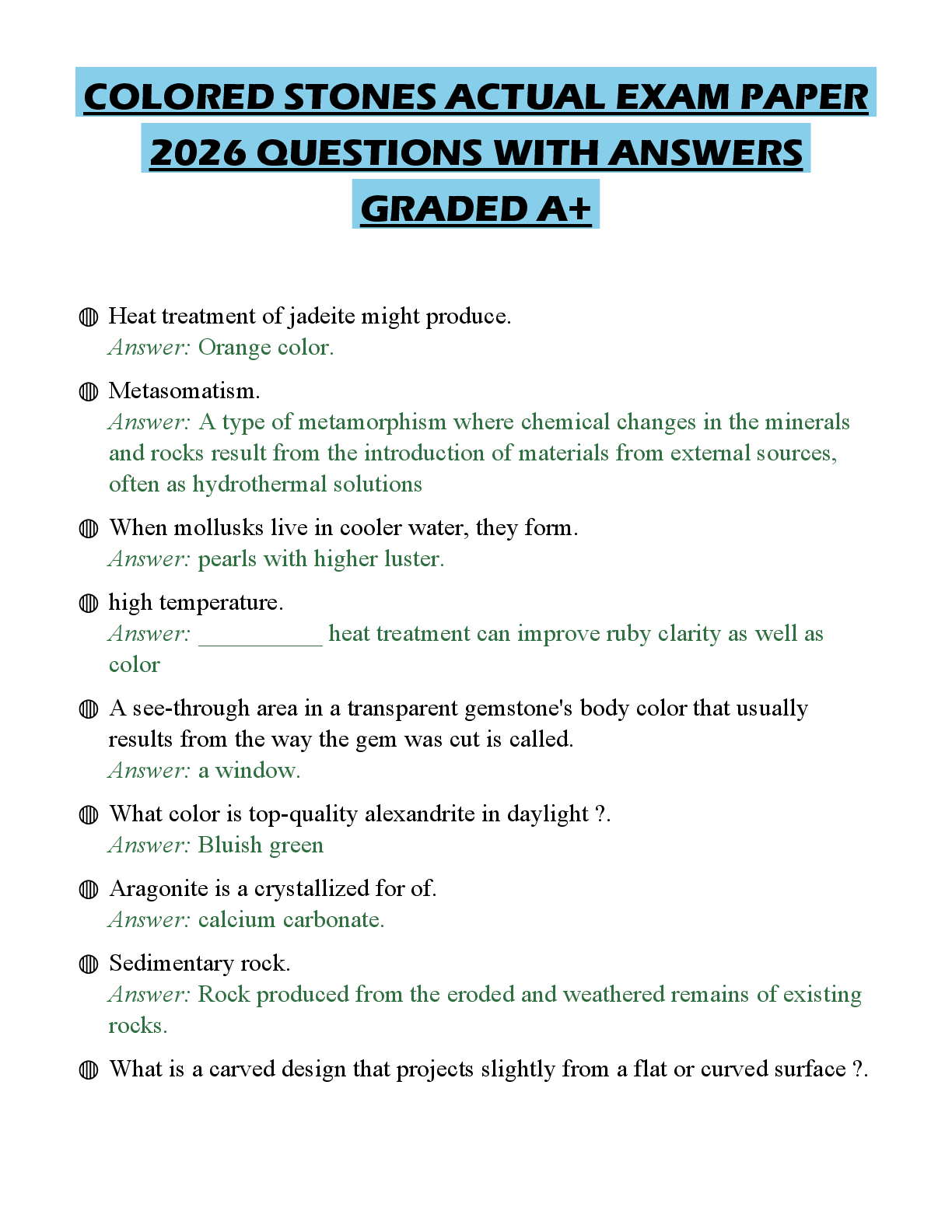 Preview of COLORED STONES ACTUAL EXAM PAPER 2026 QUESTIONS WITH ANSWERS GRADED A+