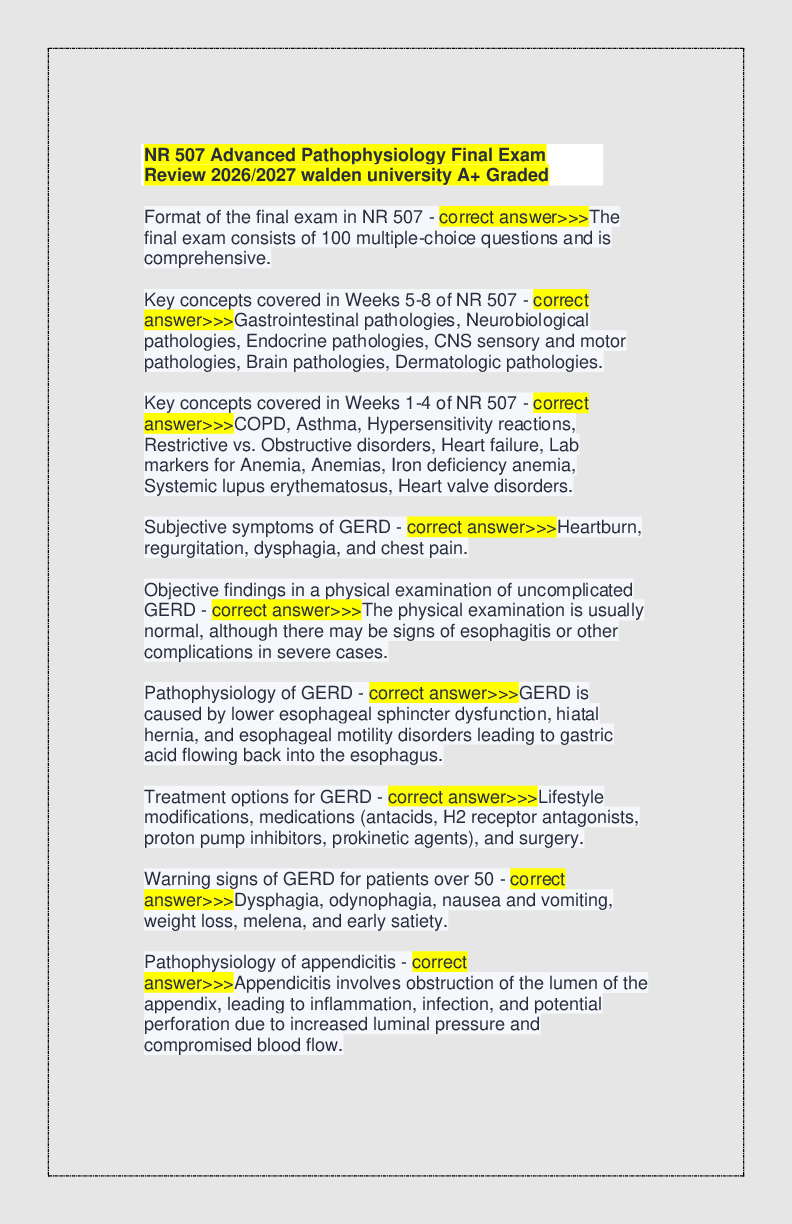 Preview of NR 507 Advanced Pathophysiology Final Exam Review 2026/2027 walden university A+ Graded