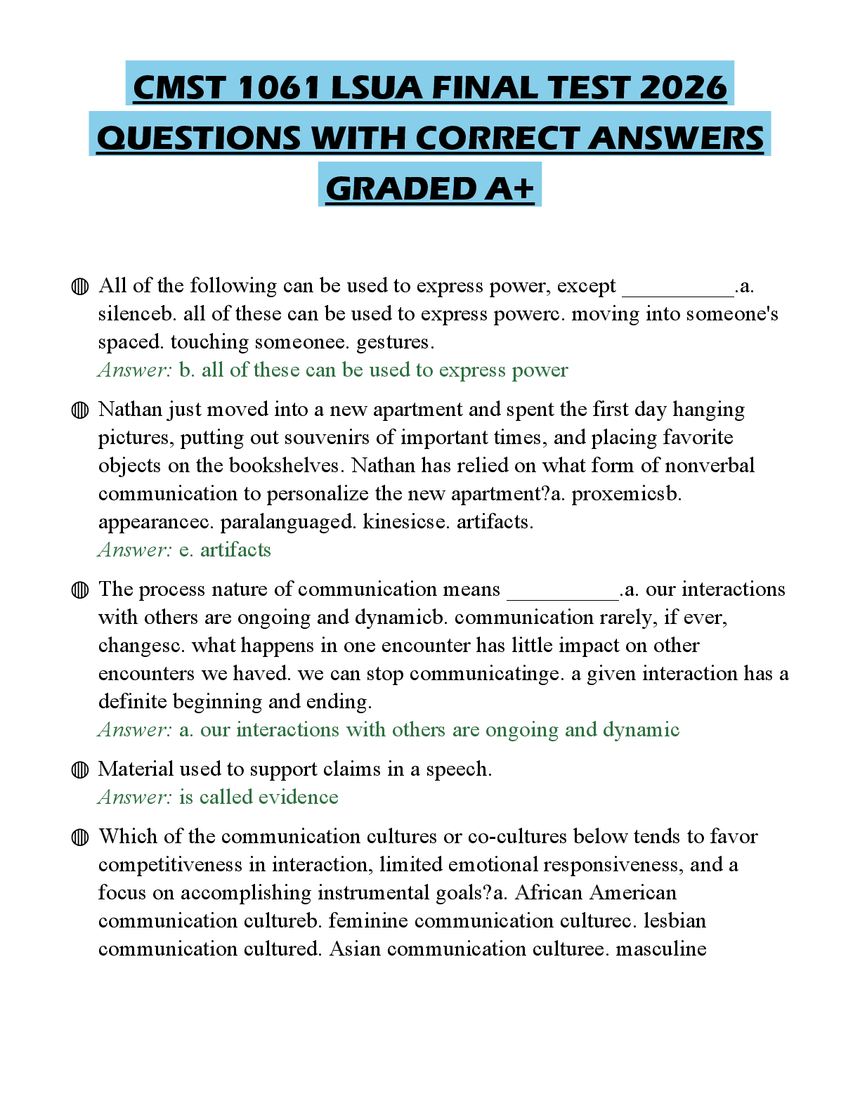Recommended document preview for CMST 1061 LSUA FINAL TEST 2026 QUESTIONS WITH CORRECT ANSWERS GRADED A+