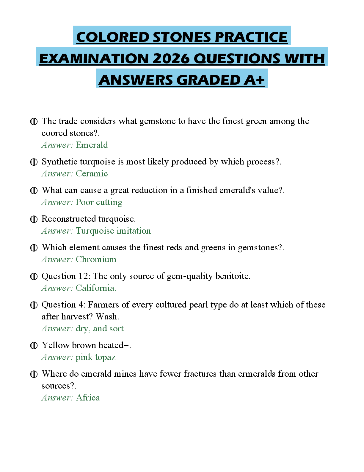 Recommended document preview for COLORED STONES FINAL TEST 2026 QUESTIONS WITH CORRECT ANSWERS GRADED A+