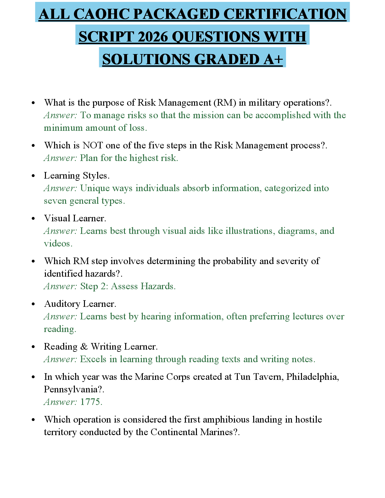 Preview of ALL CAOHC PACKAGED CERTIFICATION SCRIPT 2026 QUESTIONS WITH SOLUTIONS GRADED A+