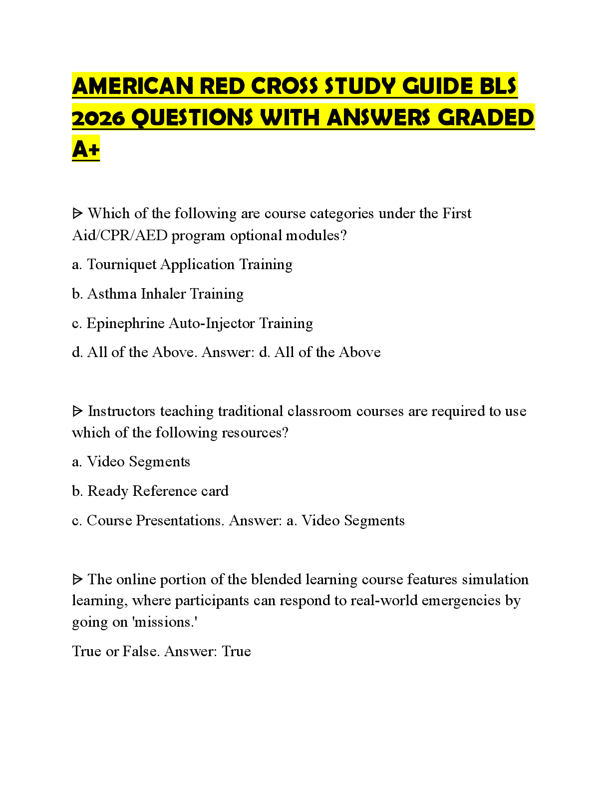 Recommended document preview for AMERICAN RED CROSS STUDY GUIDE BLS 2026 QUESTIONS WITH ANSWERS GRADED A+