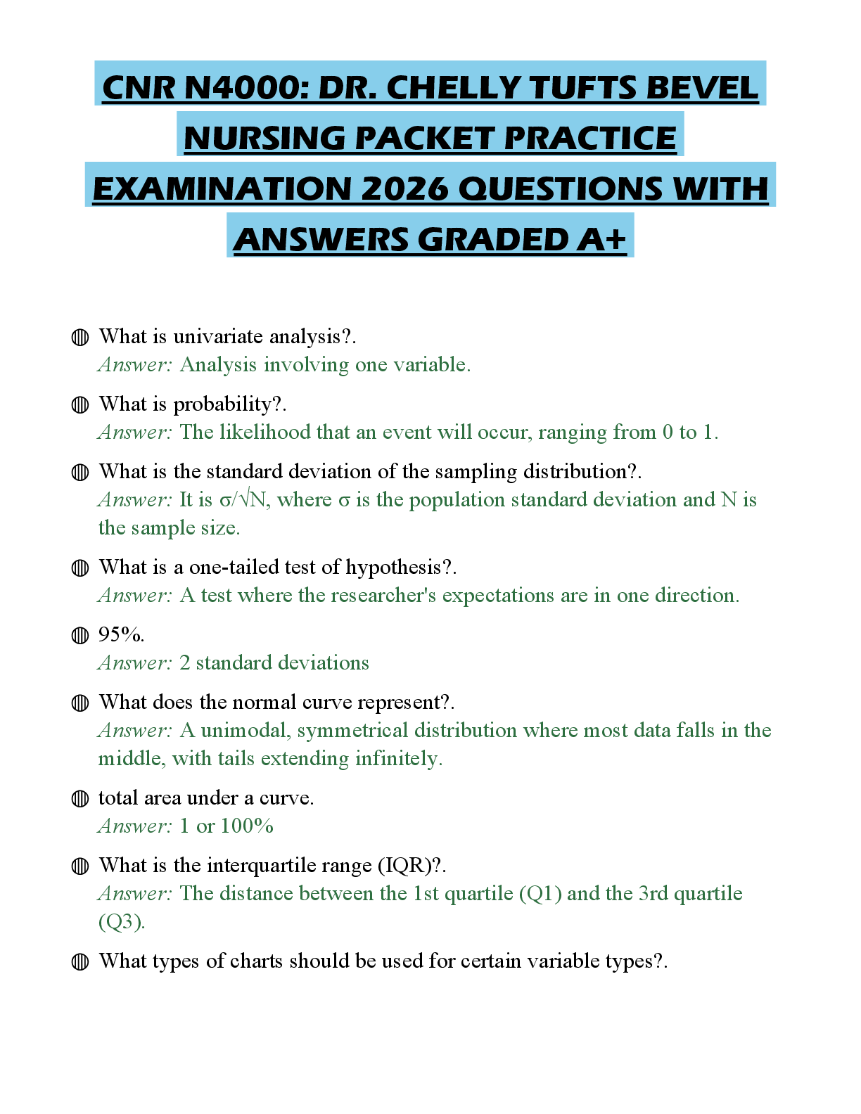 Preview of CNR N4000: DR. CHELLY TUFTS BEVEL NURSING PACKET PRACTICE EXAMINATION 2026 QUESTIONS WITH
