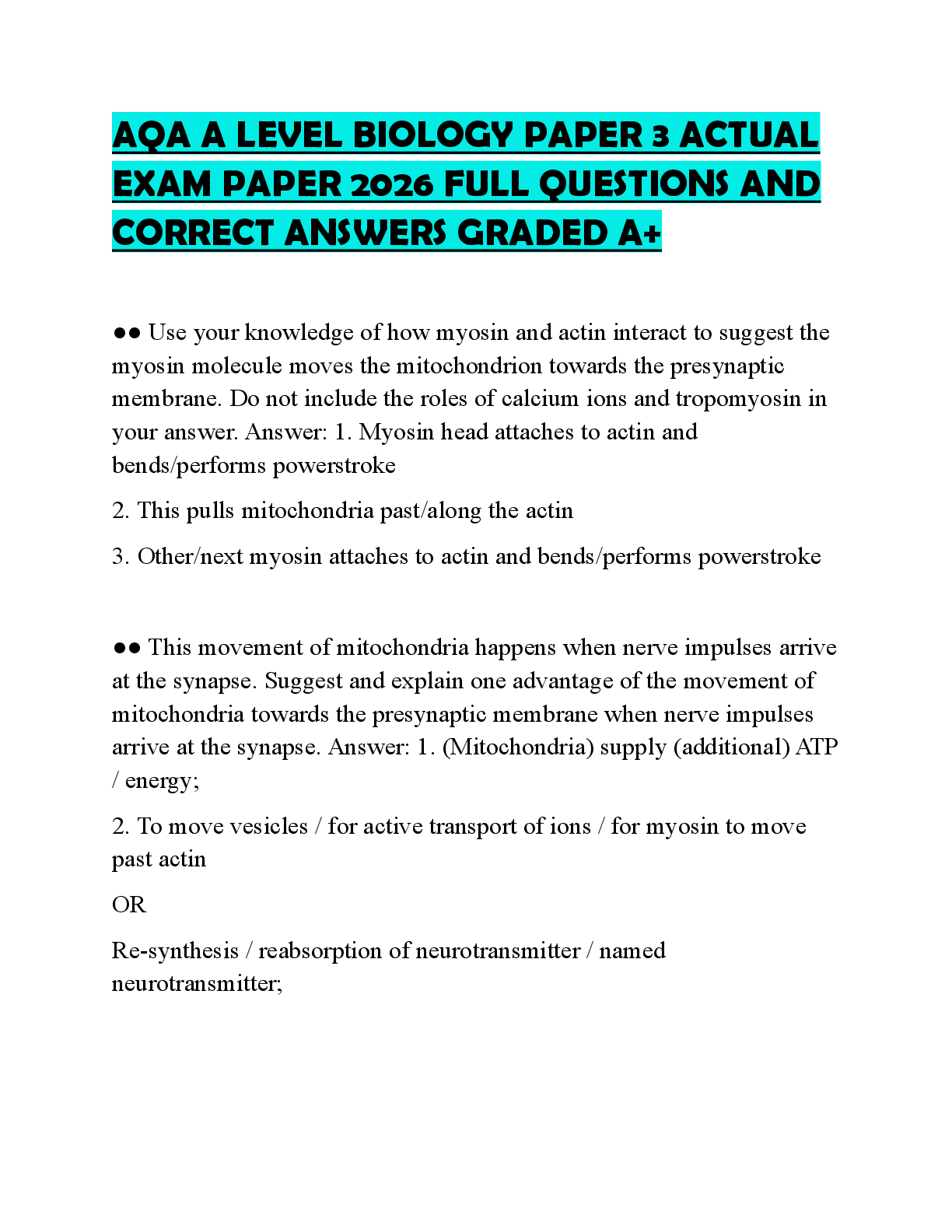 Recommended document preview for AQA A LEVEL BIOLOGY PAPER 3 ACTUAL EXAM PAPER 2026 FULL QUESTIONS AND CORRECT ANSWERS GRADED A+