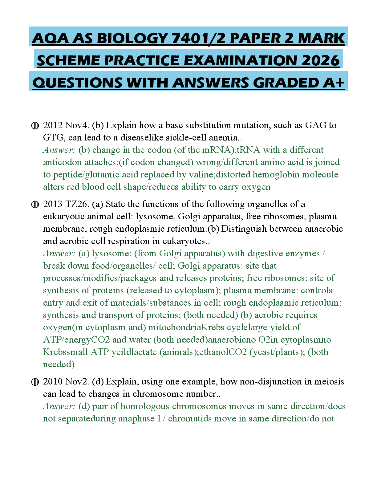 Recommended document preview for AQA AS BIOLOGY 7401/2 PAPER 2 MARK SCHEME PRACTICE EXAMINATION 2026 QUESTIONS WITH ANSWERS GRADED A+