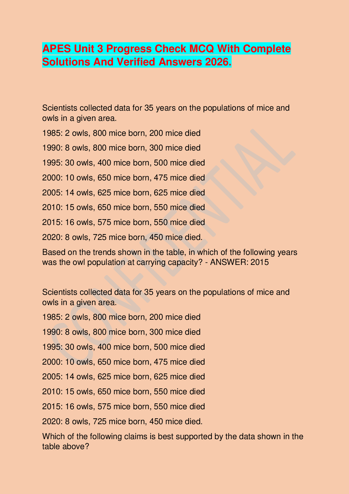 Preview of APES Unit 3 Progress Check MCQ With Complete Solutions And Verified Answers 2026.