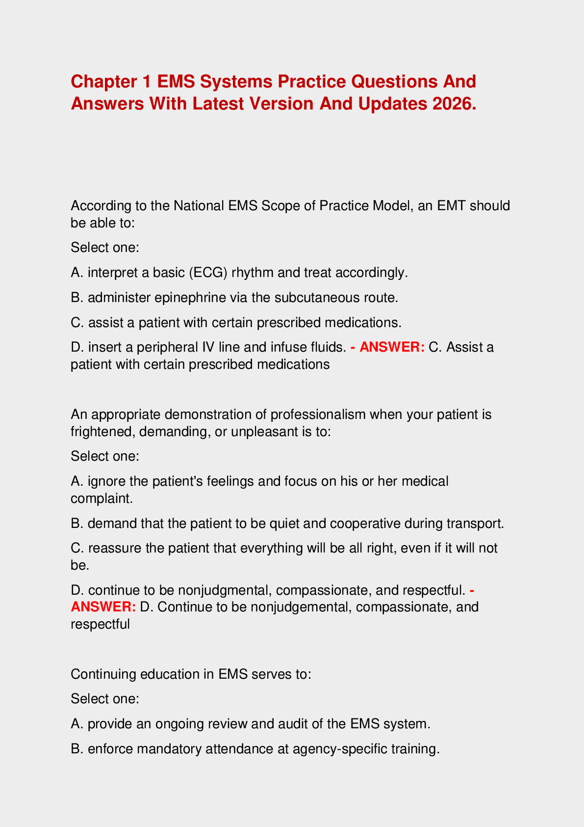 Recommended document preview for Chapter 1 EMS Systems Practice Questions And Answers With Latest Version And Updates 2026.