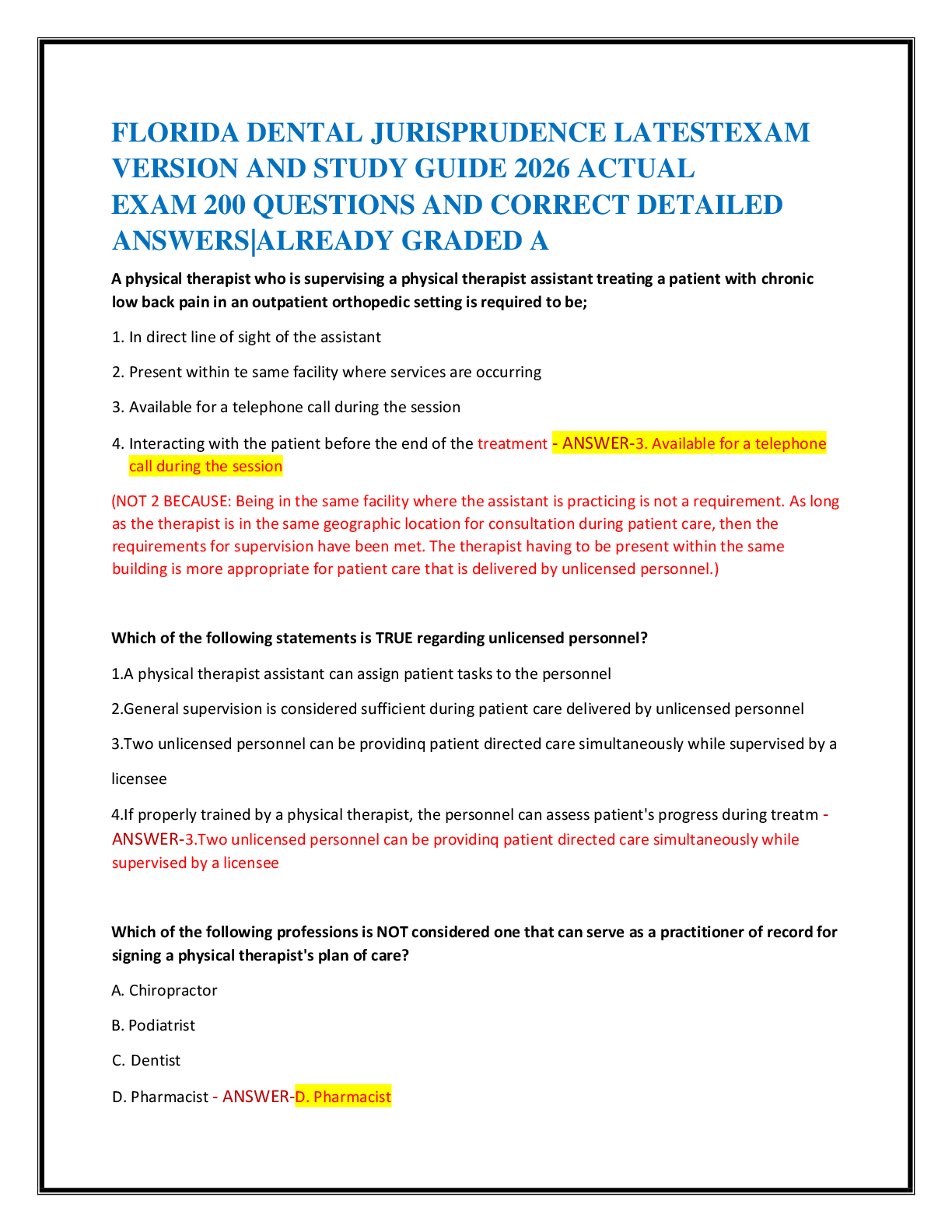 FLORIDA DENTAL JURISPRUDENCE LATESTEXAM   VERSION AND STUDY GUIDE 2026 ACTUAL   EXAM 200 QUESTIONS AND CORRECT DETAILED  ANSWERS|ALREADY GRADED A