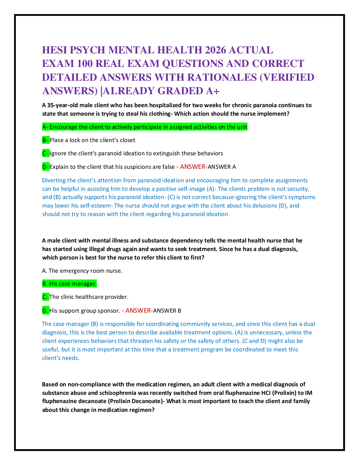 Recommended document preview for HESI PSYCH MENTAL HEALTH 2026 ACTUAL   EXAM 100 REAL EXAM QUESTIONS AND CORRECT   DETAILED ANSWERS WITH RATIONALES (VERIFIED  ANSWERS) |ALREADY GRADED A+