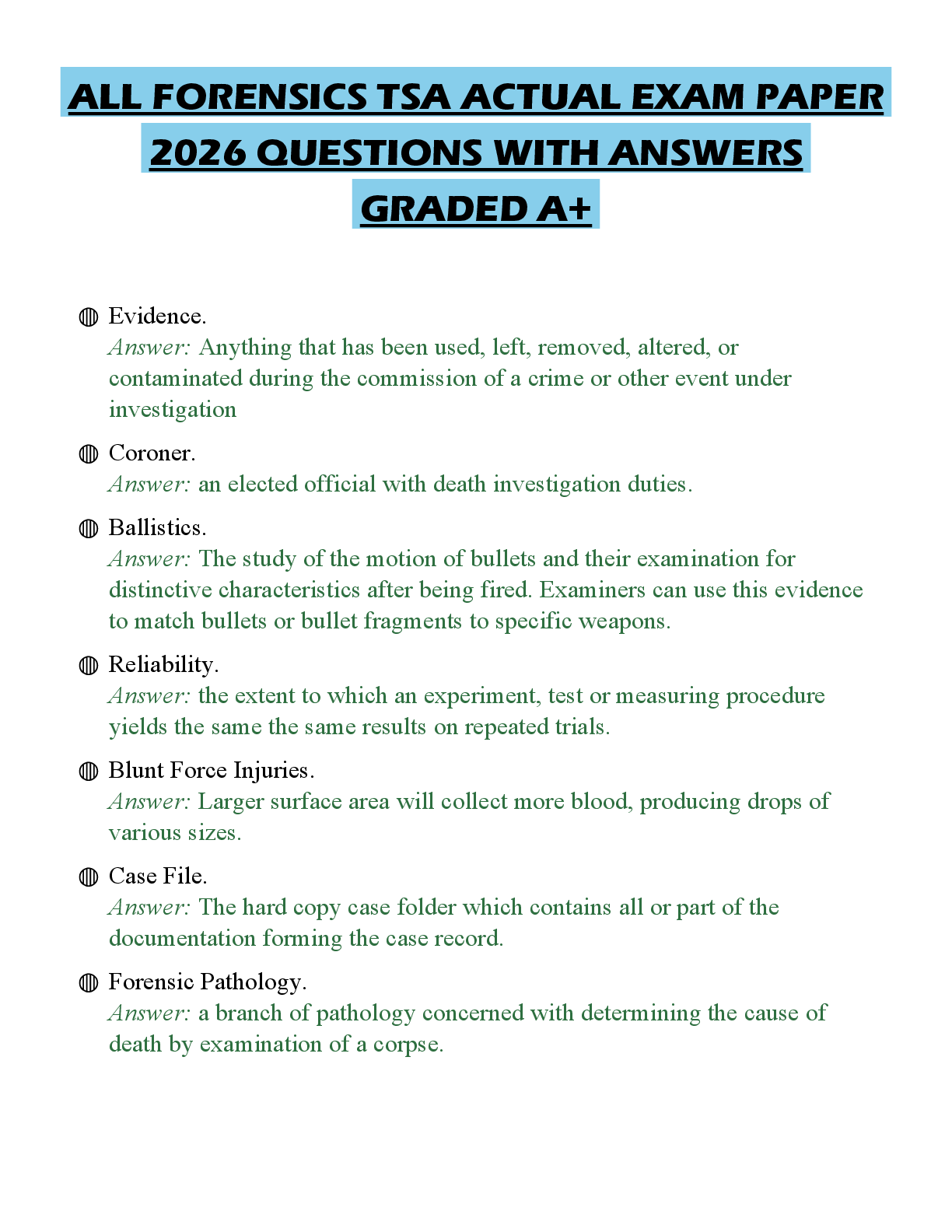 Recommended document preview for ALL FORENSICS TSA ACTUAL EXAM PAPER 2026 QUESTIONS WITH ANSWERS GRADED A+