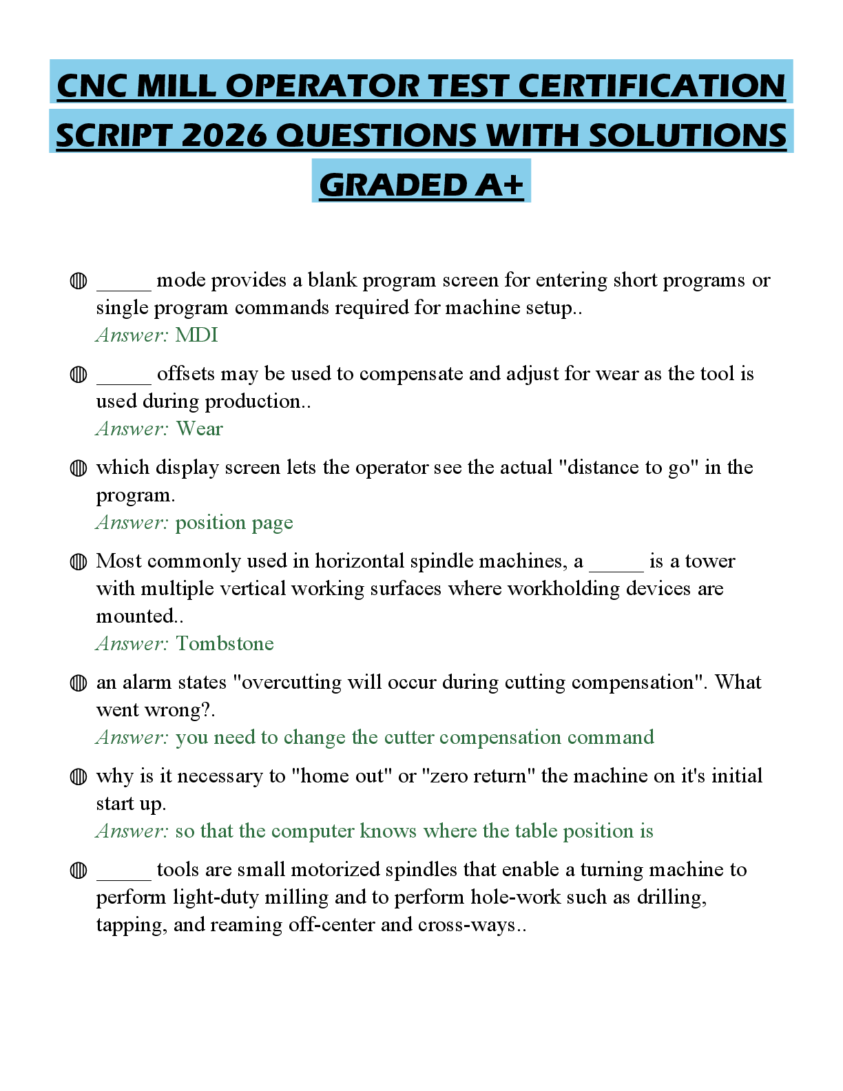 Recommended document preview for CNC MILL OPERATOR TEST CERTIFICATION SCRIPT 2026 QUESTIONS WITH SOLUTIONS GRADED A+