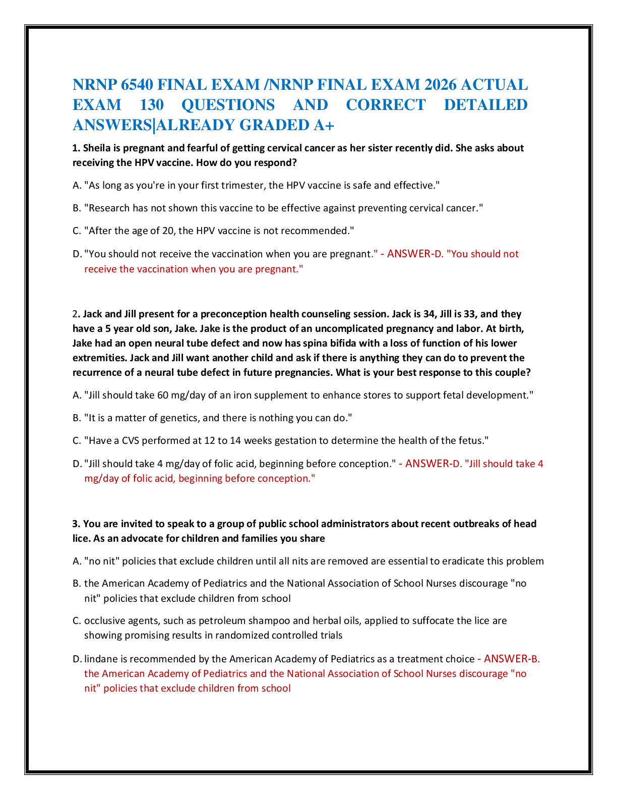Recommended document preview for NRNP 6540 FINAL EXAM /NRNP FINAL EXAM 2026 ACTUAL  EXAM 130 QUESTIONS AND CORRECT DETAILED  ANSWERS|ALREADY GRADED A+