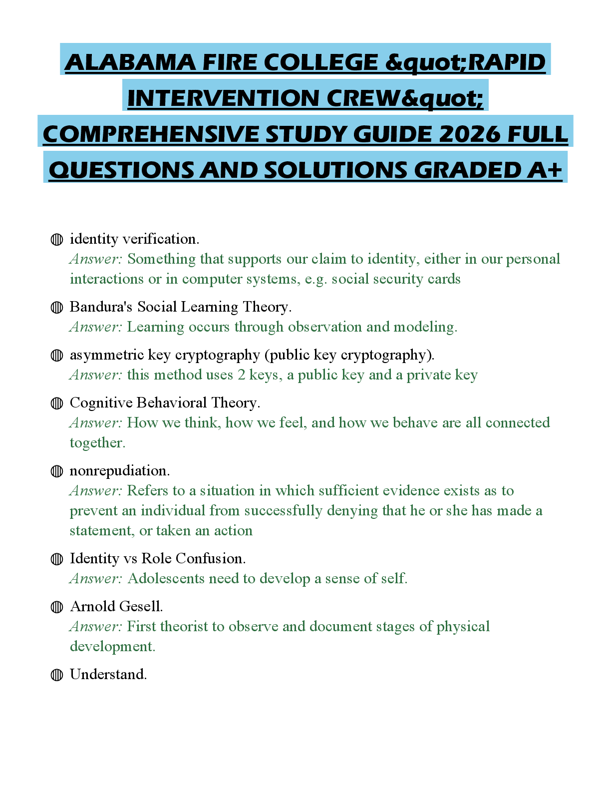 Recommended document preview for ALABAMA FIRE COLLEGE "RAPID INTERVENTION CREW" COMPREHENSIVE STUDY GUIDE 2026 FULL QUESTIONS AND SOLUTIONS GRADED A+