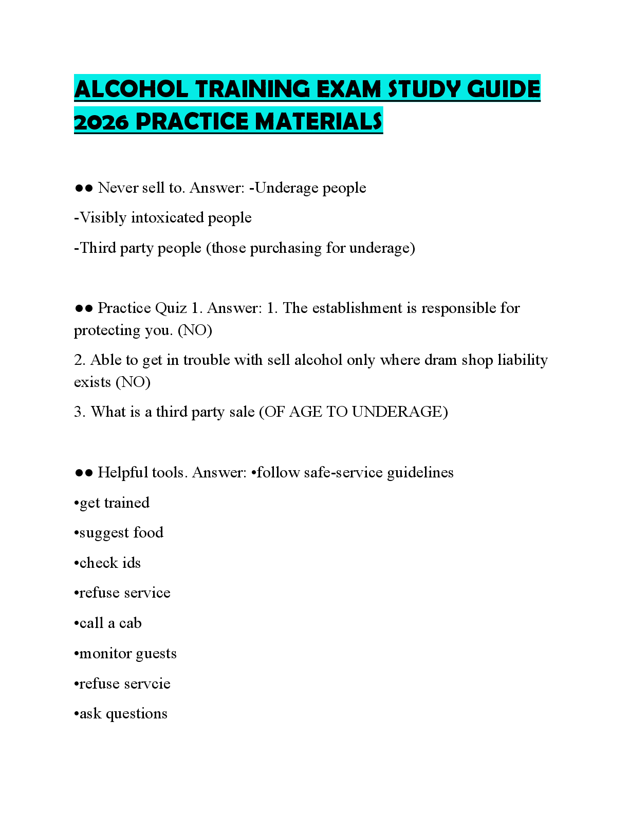 Preview of ALCOHOL TRAINING EXAM STUDY GUIDE 2026 PRACTICE MATERIALS