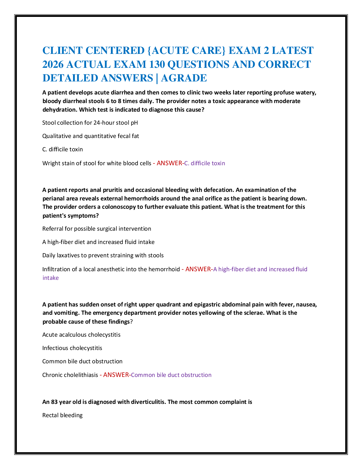 Recommended document preview for CLIENT CENTERED {ACUTE CARE} EXAM 2 LATEST   2026 ACTUAL EXAM 130 QUESTIONS AND CORRECT  DETAILED ANSWERS | AGRADE