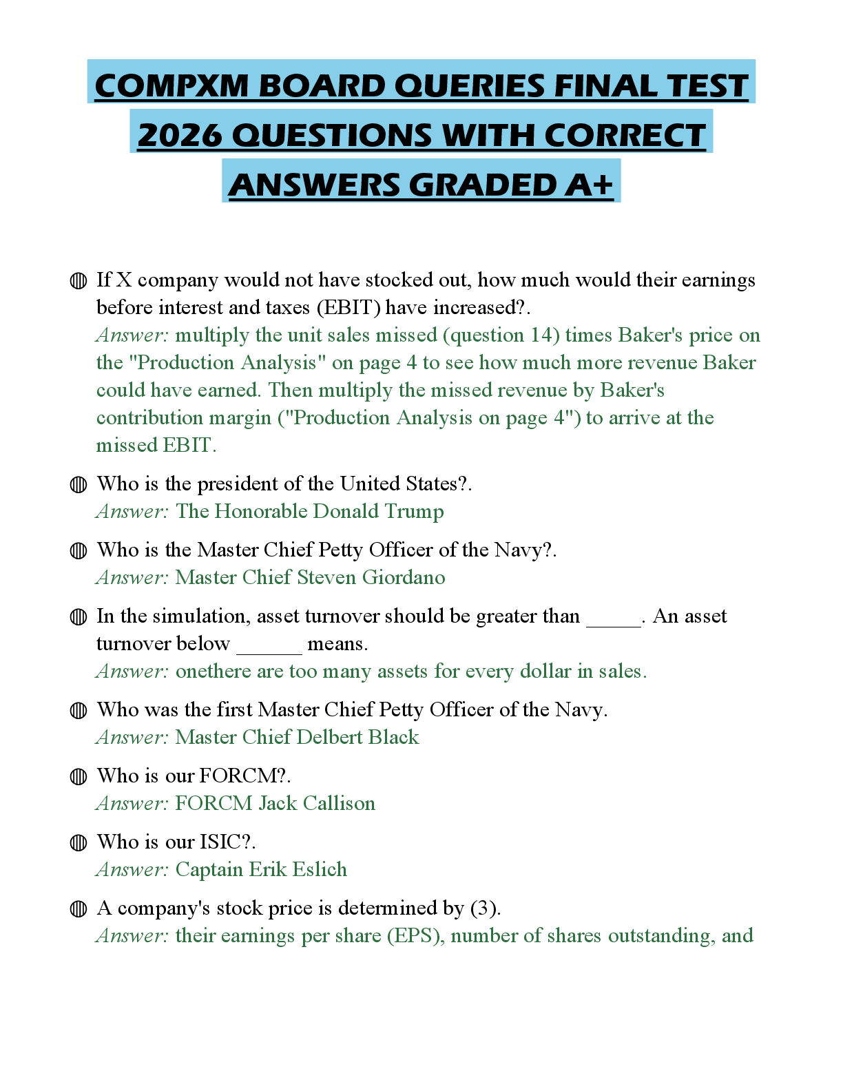 Recommended document preview for COMPXM BOARD QUERIES FINAL TEST 2026 QUESTIONS WITH CORRECT ANSWERS GRADED A+