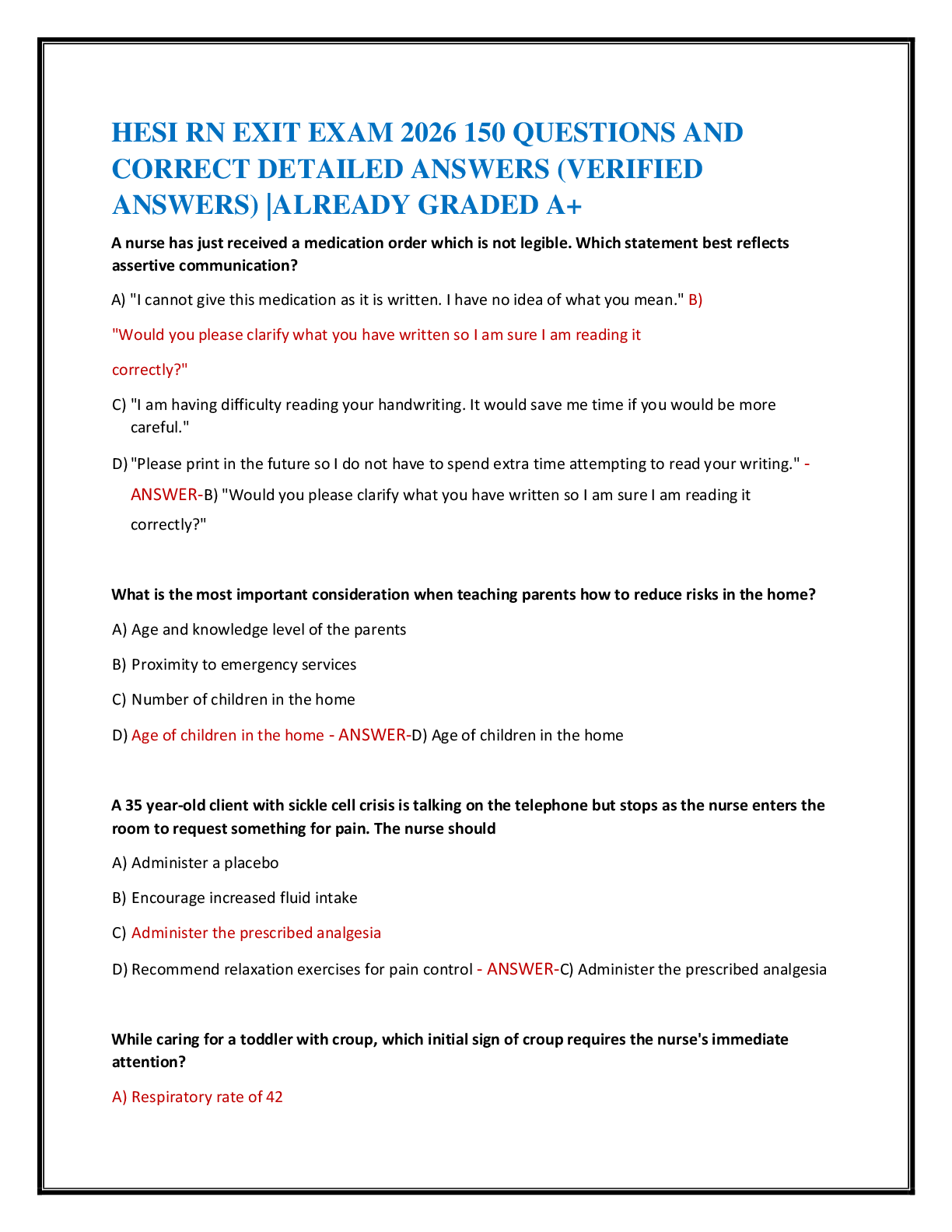 Preview of HESI RN EXIT EXAM 2026 150 QUESTIONS AND   CORRECT DETAILED ANSWERS (VERIFIED  ANSWERS) |ALREADY GRADED A+