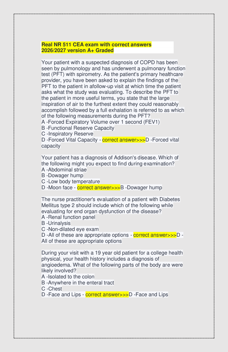 Recommended document preview for Real NR 511 CEA exam with correct answers 2026/2027 version A+ Graded