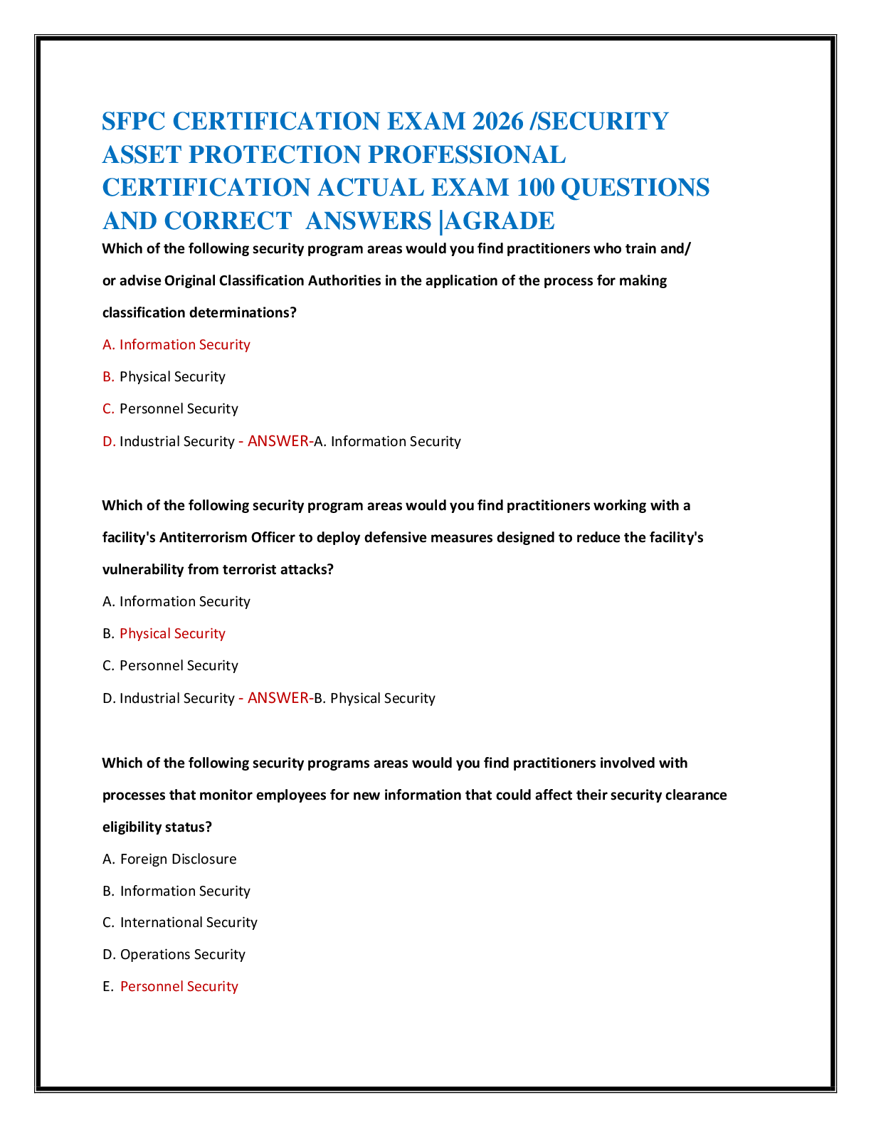 Recommended document preview for SFPC CERTIFICATION EXAM 2026 /SECURITY   ASSET PROTECTION PROFESSIONAL   CERTIFICATION ACTUAL EXAM 100 QUESTIONS  AND CORRECT  ANSWERS |AGRADE