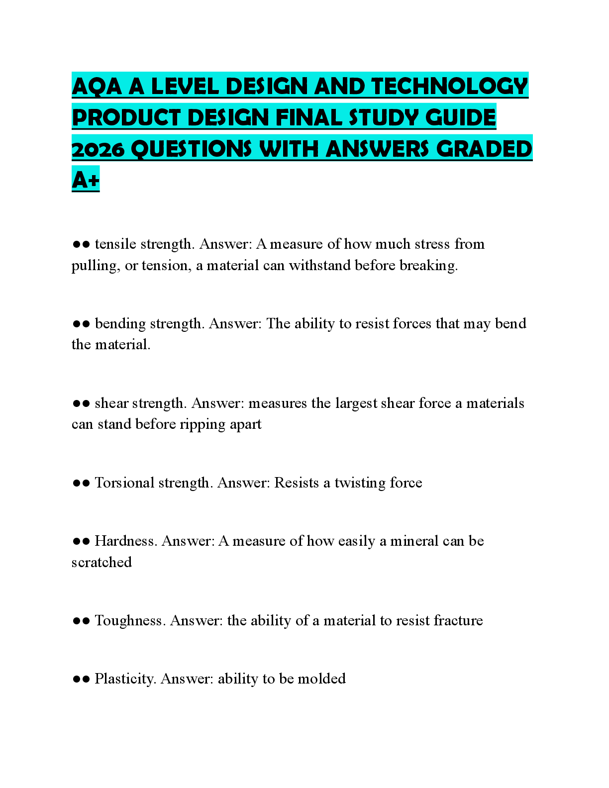 Recommended document preview for AQA A LEVEL DESIGN AND TECHNOLOGY PRODUCT DESIGN FINAL STUDY GUIDE 2026 QUESTIONS WITH ANSWERS GRADED A+