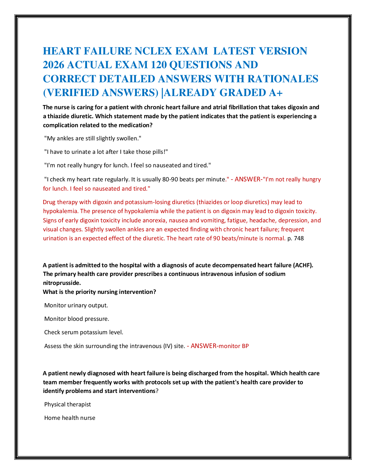 HEART FAILURE NCLEX EXAM  LATEST VERSION   2026 ACTUAL EXAM 120 QUESTIONS AND   CORRECT DETAILED ANSWERS WITH RATIONALES  (VERIFIED ANSWERS) |ALREADY GRADED A+