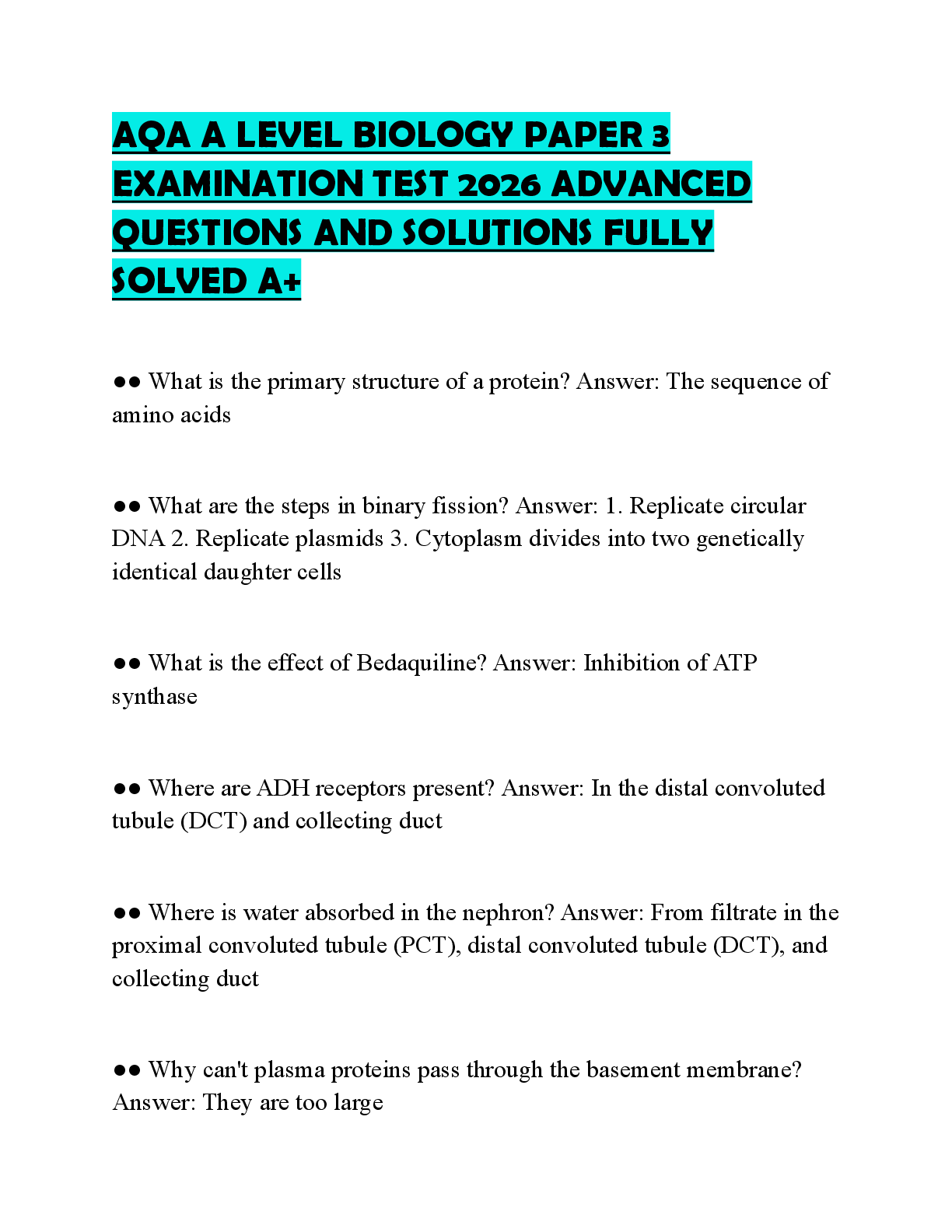Recommended document preview for AQA A LEVEL BIOLOGY PAPER 3 EXAMINATION TEST 2026 ADVANCED QUESTIONS AND SOLUTIONS FULLY SOLVED A+