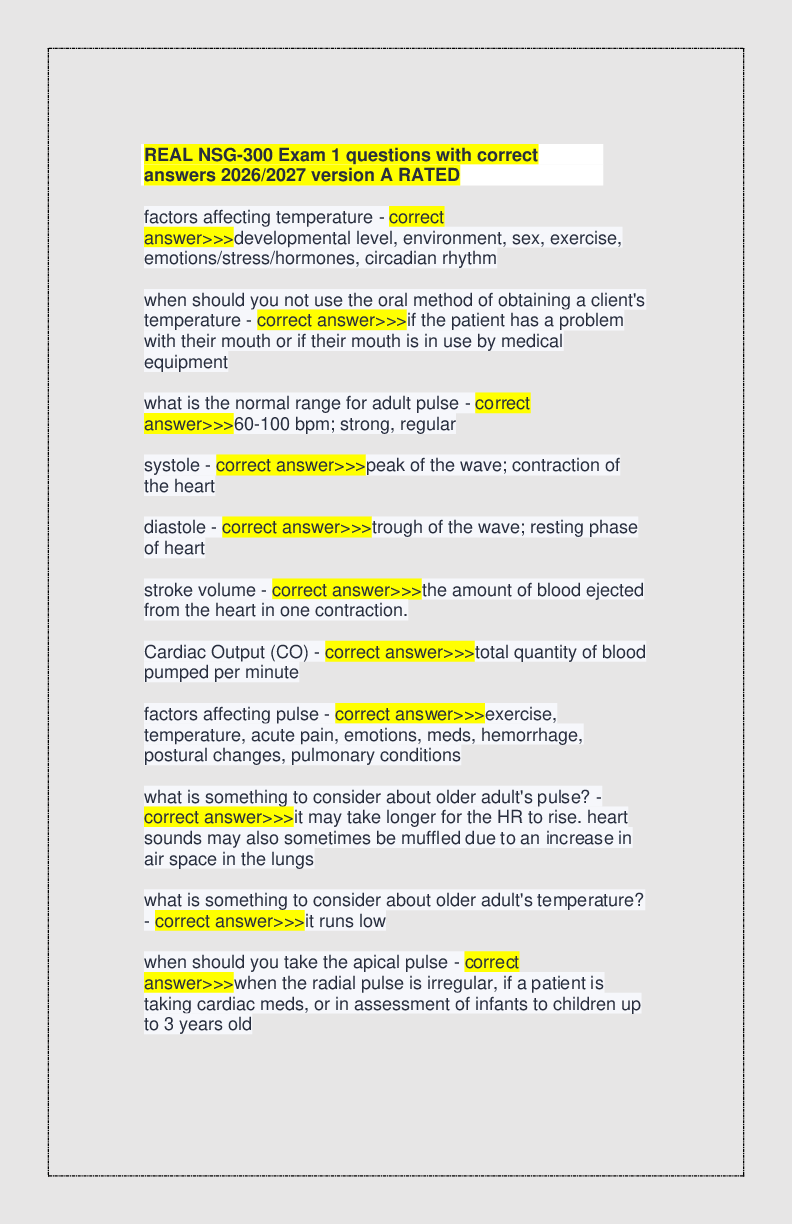 Preview of REAL NSG-300 Exam 1 questions with correct answers 2026/2027 version A RATED