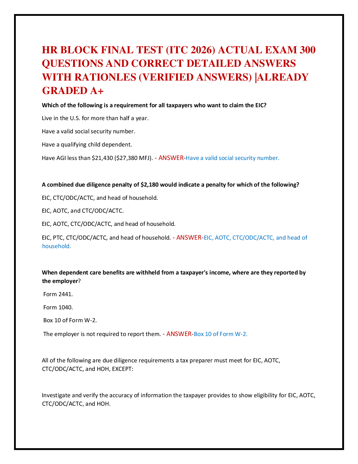 Recommended document preview for HR BLOCK FINAL TEST (ITC 2026) ACTUAL EXAM 300   QUESTIONS AND CORRECT DETAILED ANSWERS   WITH RATIONLES (VERIFIED ANSWERS) |ALREADY  GRADED A+
