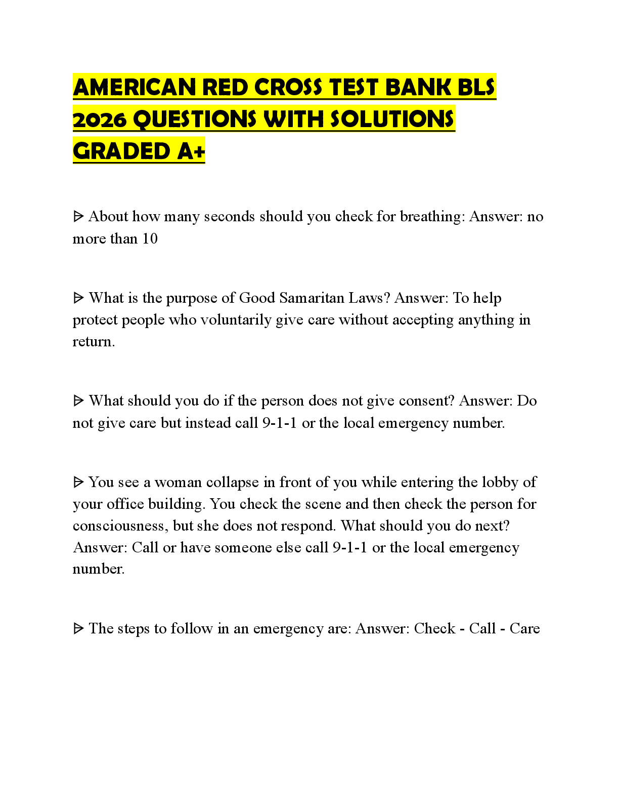 Recommended document preview for AMERICAN RED CROSS TEST BANK BLS 2026 QUESTIONS WITH SOLUTIONS GRADED A+