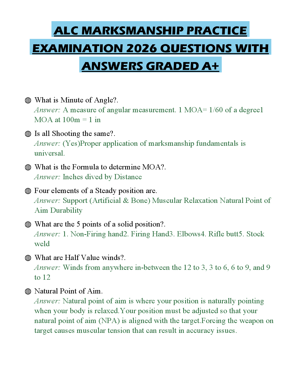 Preview of ALC MARKSMANSHIP PRACTICE EXAMINATION 2026 QUESTIONS WITH ANSWERS GRADED A+