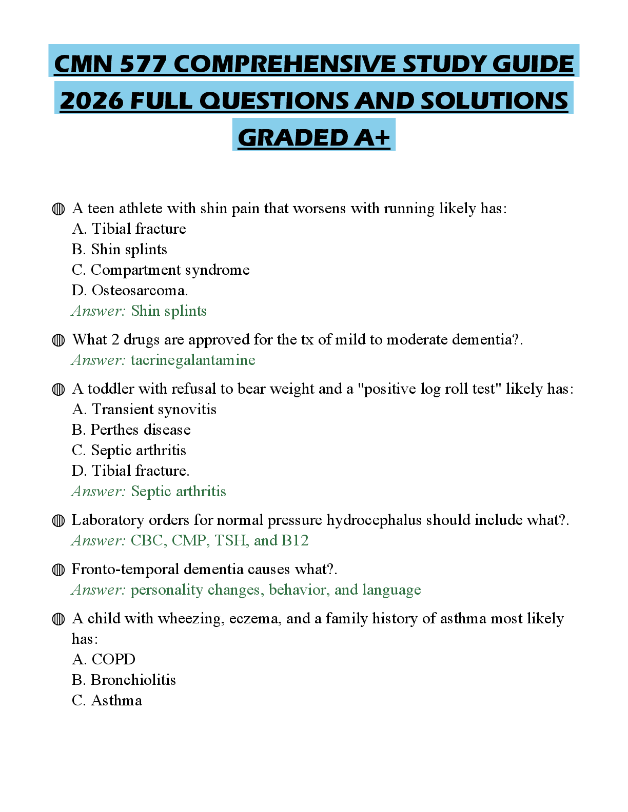 Recommended document preview for CMN 577 COMPREHENSIVE STUDY GUIDE 2026 FULL QUESTIONS AND SOLUTIONS GRADED A+