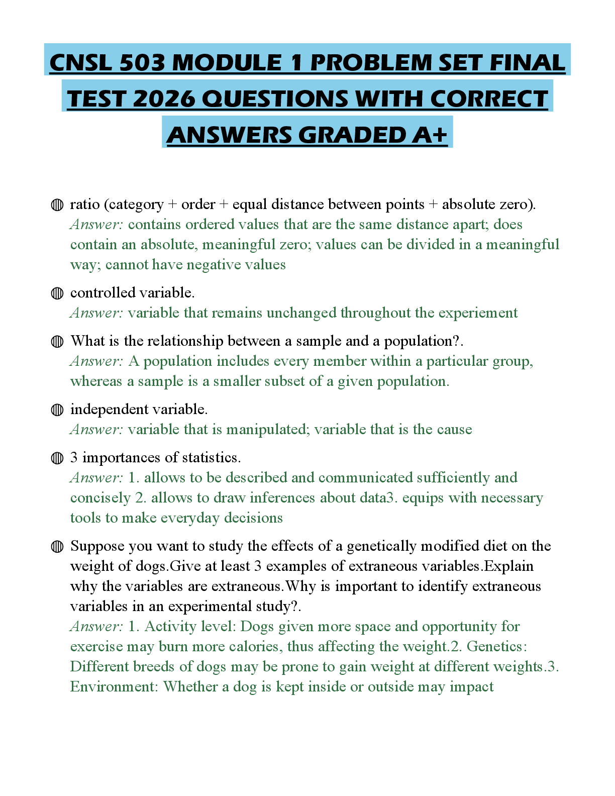 Preview of CNSL 503 MODULE 1 PROBLEM SET FINAL TEST 2026 QUESTIONS WITH CORRECT ANSWERS GRADED A+