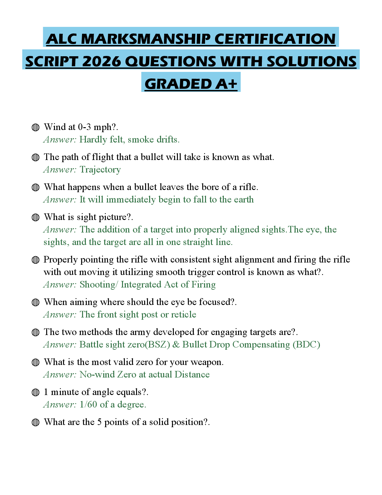 ALC MARKSMANSHIP CERTIFICATION SCRIPT 2026 QUESTIONS WITH SOLUTIONS GRADED A+