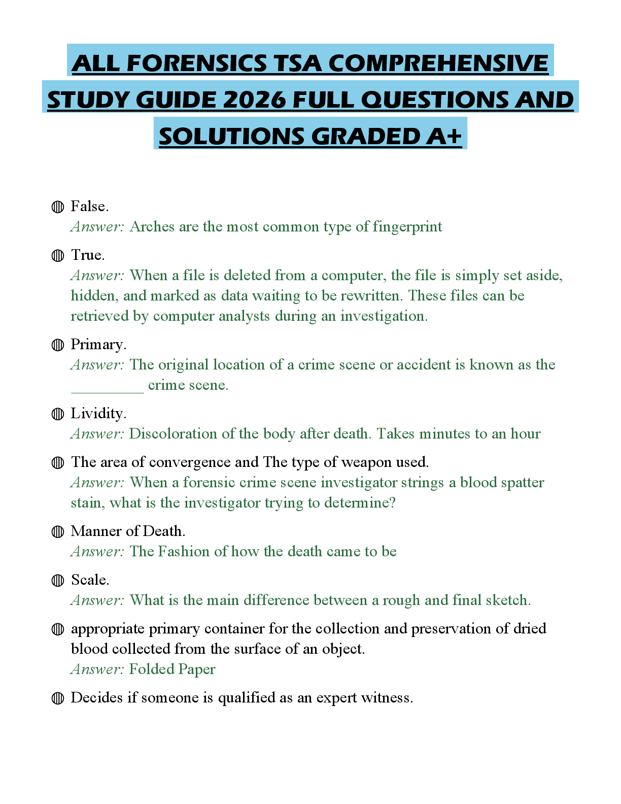 Recommended document preview for ALL FORENSICS TSA COMPREHENSIVE STUDY GUIDE 2026 FULL QUESTIONS AND SOLUTIONS GRADED A+